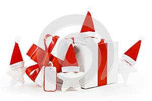 White gift box with red ribbon