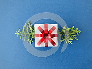 White gift box with red ribbon accompanied by arborvitae branches on blue background, horizontal.