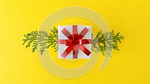 White gift box with red ribbon accompanied by arborvitae branches on yellow background, horizontal.