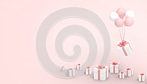 White gift box and red ribbon with balloons in the important festivals and the happy Birthday on the pink background