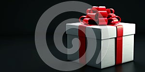 White gift box with red ribbon in black background. Generative AI