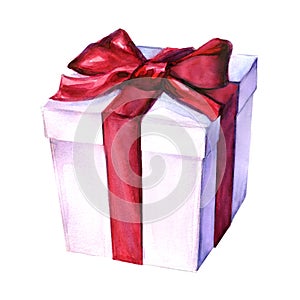 White gift box with red ribbon bow, isolated