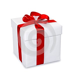 White gift box with red ribbon and bow, isolated on white backgr