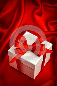 White gift box red ribbon bow. Valentines Day