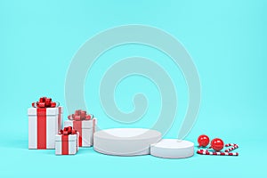 White gift box red ribbon among candy blue background minimal Christmas concept idea 3d render podium for product display