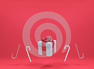 White gift box red ribbon among candy red background. Minimal Christmas concept idea 3d render