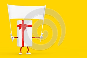 White Gift Box and Red Ribbon Character Mascot and Empty White Blank Banner with Free Space for Your Design. 3d Rendering