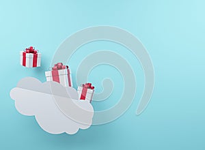 White gift box red ribbon with cloud in blue background. Minimal Christmas concept idea 3d render