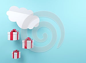 White gift box red ribbon drop from cloud in blue background. Minimal Christmas concept idea 3d render