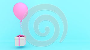 White gift box with red ribbon and pink balloon on blue background.,minimal christmas and newyear concept., 3D rendering