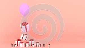 White gift box with red ribbon and pink balloon on pink pastel background.,minimal christmas and newyear concept., 3D rendering