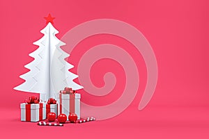 White gift box red ribbon stack among candy white christmas tree in red background. Minimal Christmas concept idea