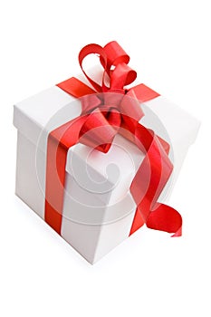 White Gift Box with Red Satin Ribbon Bow