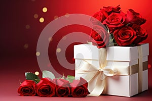 White gift box with ribbon, bow, bouquet of red roses. On red bokeh background. With copy space for text. Mockup