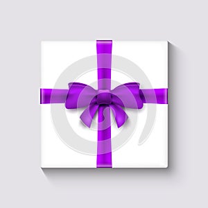 White gift box with ribbon. Celebration decoration design illustration. Holiday package element