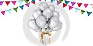 White gift box with ribbon and golden balloon Floating on white background and rainbow with bunting for new year, birthday,