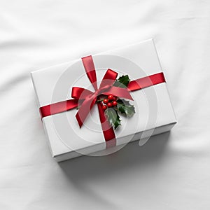 White gift box on a smooth white surface wrapped with a shiny