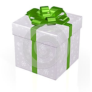 White gift box with snowflakes and green bow.