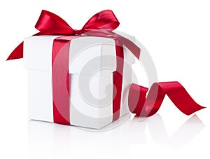 White gift box tied burgundy ribbon bow Isolated on white background