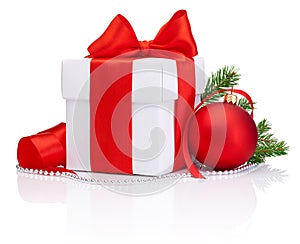 White gift box tied Red satin ribbon bow, Christmas ball