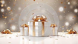 White gift boxes with golden bows on bokeh background, 3D rendering. Generativ AI photo