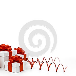 White gift boxes with red ribbon bows