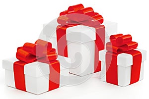 White gift boxes with red ribbons