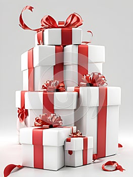 white gift boxes with red ribbons