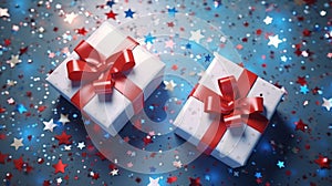 White Gift Boxes With Red Ribbons and Stars on Blue Background. Generative AI.