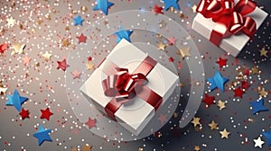 White Gift Boxes With Red Ribbons and Stars on White Background. Generative AI.