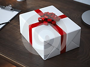 White gift package with red bow