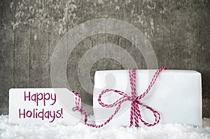 White Gift, Snow, Label, Text Happy Holidays