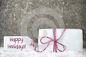 White Gift, Snow, Label, Text Happy Holidays, Snowflakes