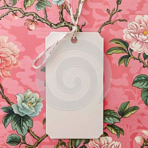 White gift tag on Chinoiserie Pink Floral backgraund, Card mockup, invitation mockup,