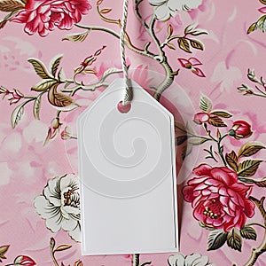White gift tag on Chinoiserie Pink Floral backgraund, Card mockup, invitation mockup,