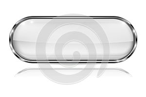 White glass 3d button with metal frame. Oval shape. With reflection on white background