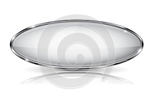White glass 3d button with metal frame. Oval shape. With reflection on white background