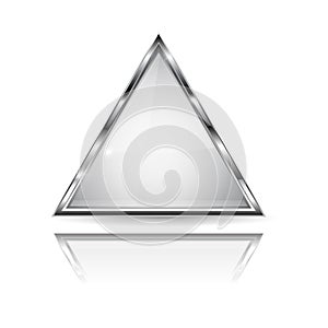 White glass 3d button with metal frame. Triangle shape. With reflection on white background