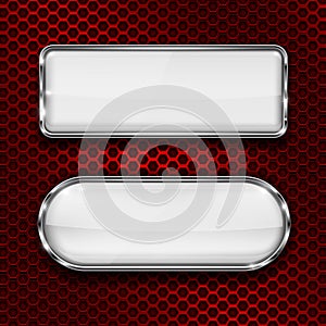 White glass 3d buttons on red metal perforated background