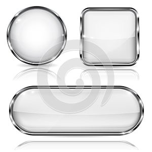 White glass buttons with chrome frame. Set of shiny geometric 3d icons