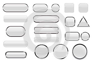 White glass buttons. Collection of 3d icons with and without chrome frame