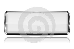 White glass 3d button with metal frame. Rectangle shape. With reflection on white background