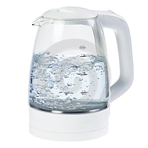 White glass electric kettle with boiling water isolated on white