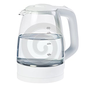 White glass electric kettle with water isolated on white