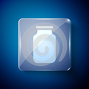 White Glass jar with screw-cap icon isolated on blue background. Square glass panels. Vector