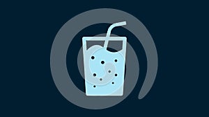 White Glass with water icon isolated on blue background. Soda drink glass with drinking straw. Fresh cold beverage