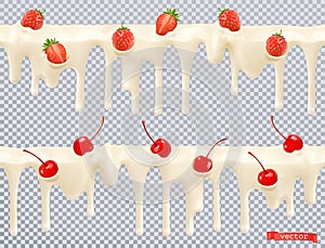 White glaze. Sweet cream with cherry, strawberry. Seamless pattern. 3d vector