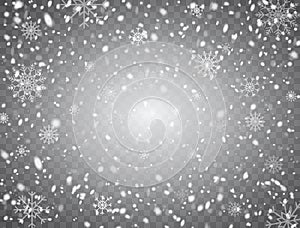 White glitter snowflakes falling down on transparent background. Realistic snow. Magic Christmas design. Frost storm, snowfall eff