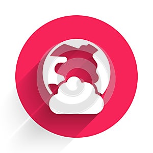 White Global technology or social network icon isolated with long shadow background. Red circle button. Vector
