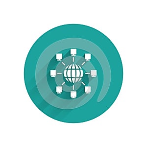 White Global technology or social network icon isolated with long shadow. Green circle button. Vector